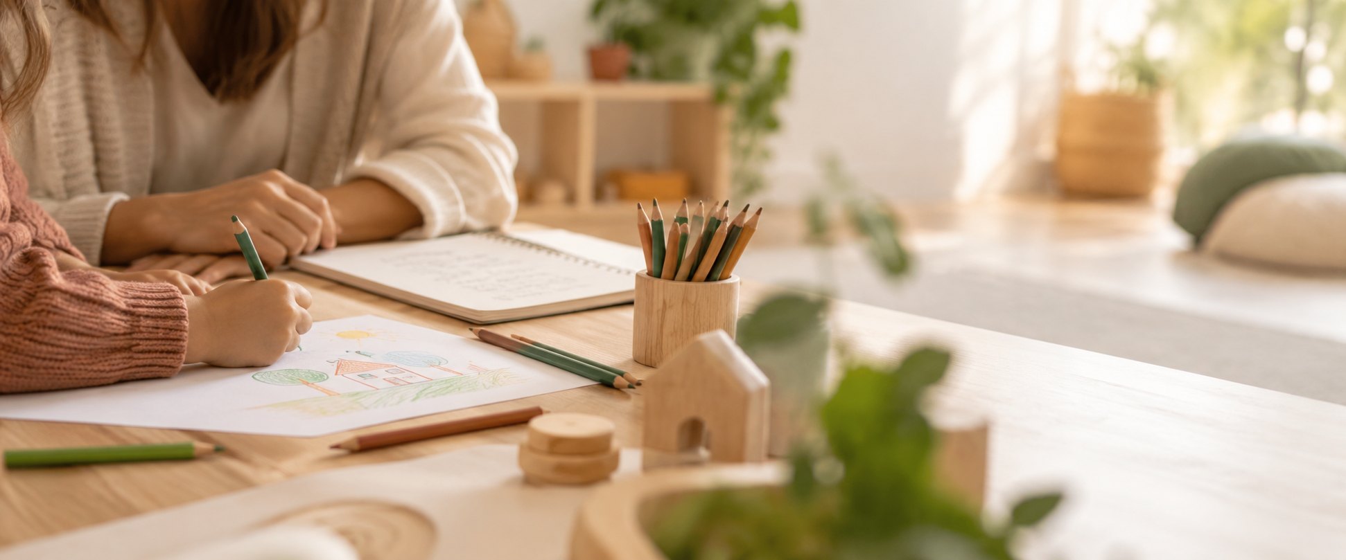 Un niño dibuja mientras una persona adulta lo acompaña en una mesa con materiales naturales